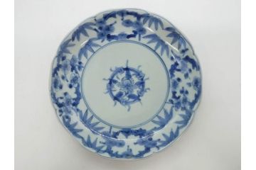 江戸期　古伊万里　染付　渦福　約17cm　5.6寸　繊細に描かれた松竹梅図が素敵な中皿3枚セット(和皿、和食器、五寸六分)(R-083062)