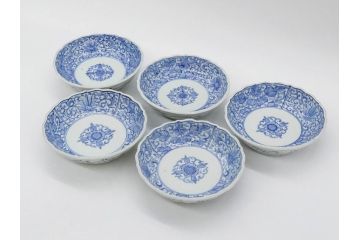 幕末〜明治期　古伊万里　染付　線描　約15cm　4.9寸　爽やかな印象を与えるなます皿5枚セット(中皿、和皿、和食器、四寸九分)(R-083063)