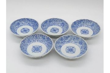 幕末〜明治期　古伊万里　染付　線描　約15cm　4.9寸　爽やかな印象を与えるなます皿5枚セット(中皿、和皿、和食器、四寸九分)(R-083063)