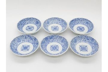 幕末〜明治期　古伊万里　染付　線描　約15cm　4.9寸　爽やかな印象を与えるなます皿6枚セット(中皿、和皿、和食器、四寸九分)(R-083064)