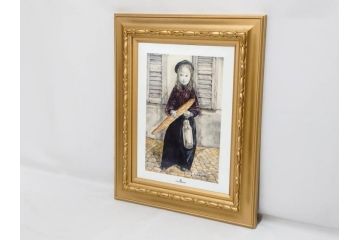 真作　デンマーク　ROYAL COPENHAGEN(ロイヤルコペンハーゲン)　藤田嗣治　レオナール・フジタ　「パンとミルクポットを持つ少女」　陶板画(女の子、フランスパン、陶額、額装)(R-083070)