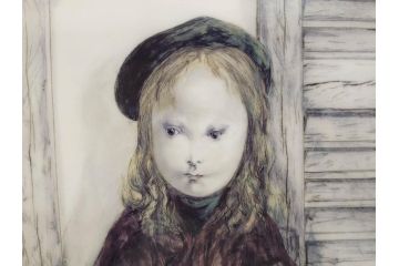 真作　デンマーク　ROYAL COPENHAGEN(ロイヤルコペンハーゲン)　藤田嗣治　レオナール・フジタ　「パンとミルクポットを持つ少女」　陶板画(女の子、フランスパン、陶額、額装)(R-083070)