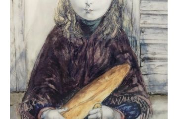 真作　デンマーク　ROYAL COPENHAGEN(ロイヤルコペンハーゲン)　藤田嗣治　レオナール・フジタ　「パンとミルクポットを持つ少女」　陶板画(女の子、フランスパン、陶額、額装)(R-083070)