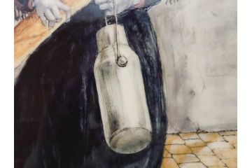 真作　デンマーク　ROYAL COPENHAGEN(ロイヤルコペンハーゲン)　藤田嗣治　レオナール・フジタ　「パンとミルクポットを持つ少女」　陶板画(女の子、フランスパン、陶額、額装)(R-083070)
