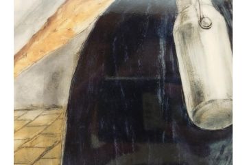 真作　デンマーク　ROYAL COPENHAGEN(ロイヤルコペンハーゲン)　藤田嗣治　レオナール・フジタ　「パンとミルクポットを持つ少女」　陶板画(女の子、フランスパン、陶額、額装)(R-083070)