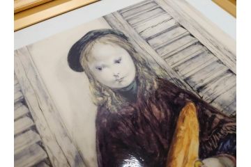 真作　デンマーク　ROYAL COPENHAGEN(ロイヤルコペンハーゲン)　藤田嗣治　レオナール・フジタ　「パンとミルクポットを持つ少女」　陶板画(女の子、フランスパン、陶額、額装)(R-083070)