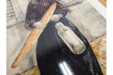真作　デンマーク　ROYAL COPENHAGEN(ロイヤルコペンハーゲン)　藤田嗣治　レオナール・フジタ　「パンとミルクポットを持つ少女」　陶板画(女の子、フランスパン、陶額、額装)(R-083070)