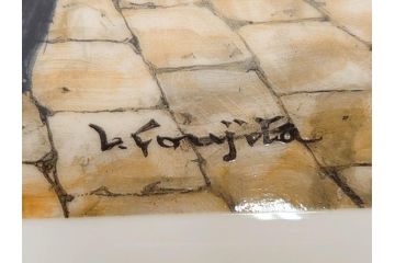 真作　デンマーク　ROYAL COPENHAGEN(ロイヤルコペンハーゲン)　藤田嗣治　レオナール・フジタ　「パンとミルクポットを持つ少女」　陶板画(女の子、フランスパン、陶額、額装)(R-083070)