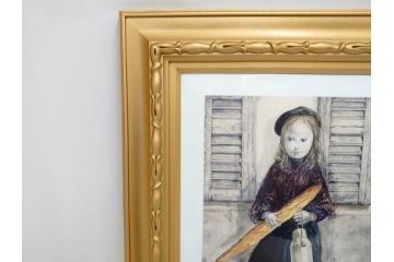 真作　デンマーク　ROYAL COPENHAGEN(ロイヤルコペンハーゲン)　藤田嗣治　レオナール・フジタ　「パンとミルクポットを持つ少女」　陶板画(女の子、フランスパン、陶額、額装)(R-083070)