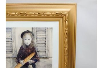 真作　デンマーク　ROYAL COPENHAGEN(ロイヤルコペンハーゲン)　藤田嗣治　レオナール・フジタ　「パンとミルクポットを持つ少女」　陶板画(女の子、フランスパン、陶額、額装)(R-083070)