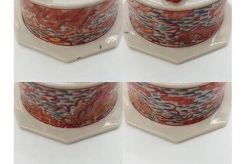 時代物　九谷焼　赤絵　福銘　龍図　細かな意匠が感じられる豪華な絵付けの三足香炉(三つ足、仏具、茶道具)(R-083074)