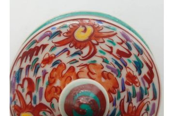 時代物　九谷焼　赤絵　福銘　龍図　細かな意匠が感じられる豪華な絵付けの三足香炉(三つ足、仏具、茶道具)(R-083074)