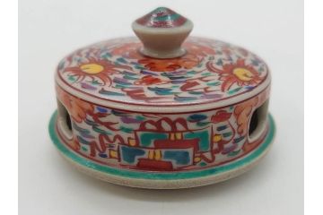 時代物　九谷焼　赤絵　福銘　龍図　細かな意匠が感じられる豪華な絵付けの三足香炉(三つ足、仏具、茶道具)(R-083074)