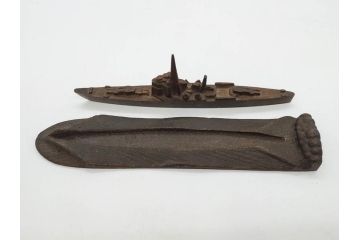 戦前　真鍮製　進水記念　軍艦　文鎮(ペーパーウェイト、書道具、置物)(R-083082)