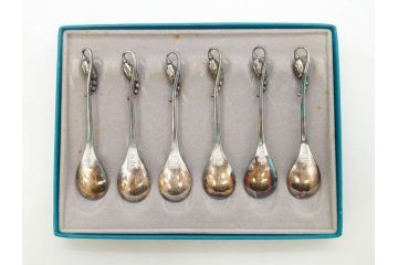 デンマーク　GEORG JENSEN(ジョージ・ジェンセン)　BLOSSOM(ブロッサム)　STERLING SILVER(スターリングシルバー)　総重量約58.34g　モカスプーン6本セット(カトラリー、SV925、銀製品、洋食器、箱付き)(R-083084)