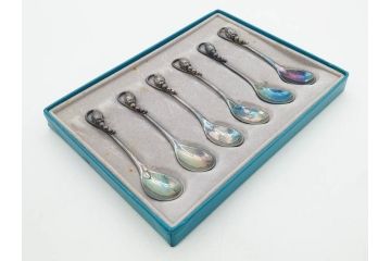 デンマーク　GEORG JENSEN(ジョージ・ジェンセン)　BLOSSOM(ブロッサム)　STERLING SILVER(スターリングシルバー)　総重量約58.34g　モカスプーン6本セット(カトラリー、SV925、銀製品、洋食器、箱付き)(R-083084)