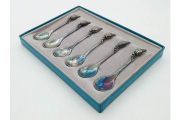 デンマーク　GEORG JENSEN(ジョージ・ジェンセン)　BLOSSOM(ブロッサム)　STERLING SILVER(スターリングシルバー)　総重量約58.34g　モカスプーン6本セット(カトラリー、SV925、銀製品、洋食器、箱付き)(R-083084)