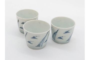 江戸期　染付　落ち着いた和の雰囲気を醸し出すそば猪口3客セット(蕎麦猪口、湯呑み、湯のみ、和食器)(R-083086)