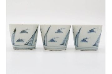 江戸期　染付　落ち着いた和の雰囲気を醸し出すそば猪口3客セット(蕎麦猪口、湯呑み、湯のみ、和食器)(R-083086)
