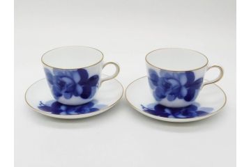 大倉陶園(OKURA、OAC)　深みのあるブルーローズが美しいモーニングカップ&ソーサー2客セット(バラ、薔薇、金彩、白磁、C&S、洋食器)(R-083088)