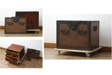 和製アンティーク　明治期　完全オリジナル品　総欅(ケヤキ)材　歴史を感じる酒田船箪笥(帳箱型、帳場箪笥、和タンス、舟箪笥、小箪笥、小物収納、収納箪笥、引き出し)(R-083108)