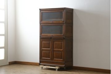 和製アンティーク　高級品!!　黒澤貞次郎　作業台付き　古い楢(ナラ)材のスライド扉　山葉(ヤマハ)家具風の上質なスタッキングブックケース(本棚、本箱、書棚、戸棚、収納棚、キャビネット)(R-083114)
