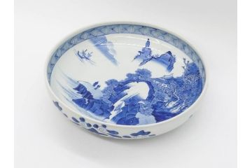 江戸期　古伊万里　染付　約33cm　1尺　大皿　緻密に描かれた山水図が見事な大鉢(深鉢、和皿、和食器、一尺)(R-083130)