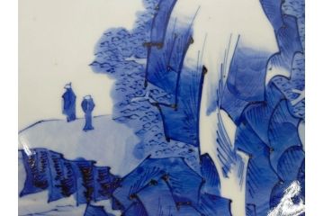 江戸期　古伊万里　染付　約33cm　1尺　大皿　緻密に描かれた山水図が見事な大鉢(深鉢、和皿、和食器、一尺)(R-083130)