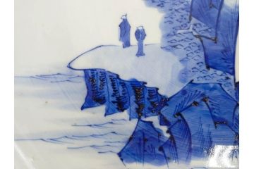 江戸期　古伊万里　染付　約33cm　1尺　大皿　緻密に描かれた山水図が見事な大鉢(深鉢、和皿、和食器、一尺)(R-083130)