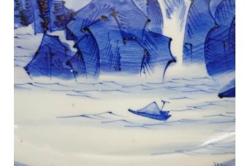 江戸期　古伊万里　染付　約33cm　1尺　大皿　緻密に描かれた山水図が見事な大鉢(深鉢、和皿、和食器、一尺)(R-083130)