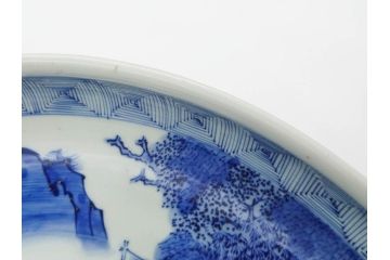 江戸期　古伊万里　染付　約33cm　1尺　大皿　緻密に描かれた山水図が見事な大鉢(深鉢、和皿、和食器、一尺)(R-083130)