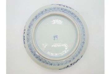 江戸期　古伊万里　染付　約33cm　1尺　大皿　緻密に描かれた山水図が見事な大鉢(深鉢、和皿、和食器、一尺)(R-083130)