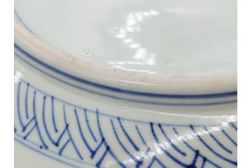 江戸期　古伊万里　染付　約33cm　1尺　大皿　緻密に描かれた山水図が見事な大鉢(深鉢、和皿、和食器、一尺)(R-083130)
