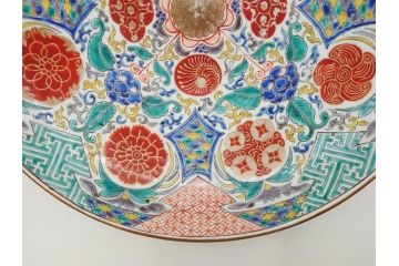 上手物　江戸期　太明成化年製　古伊万里　染付　色絵　約39cm　1尺3寸　色鮮やかな絵付けが存在感を放つ大皿(魚、和皿、和食器、一尺三寸)(R-083131)