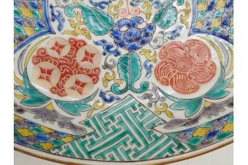 上手物　江戸期　太明成化年製　古伊万里　染付　色絵　約39cm　1尺3寸　色鮮やかな絵付けが存在感を放つ大皿(魚、和皿、和食器、一尺三寸)(R-083131)