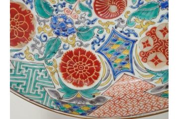 上手物　江戸期　太明成化年製　古伊万里　染付　色絵　約39cm　1尺3寸　色鮮やかな絵付けが存在感を放つ大皿(魚、和皿、和食器、一尺三寸)(R-083131)