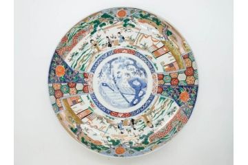 江戸期　古伊万里　染付　色絵　金彩　松竹梅　約46cm　1尺5寸　華やかで凝った意匠が目を引く大皿(人物、鳳凰、桐、和皿、和食器、一尺五寸)(R-083132)