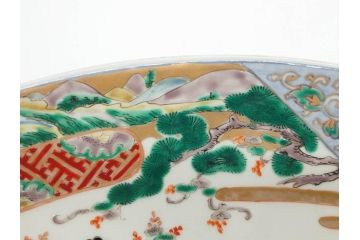 江戸期　古伊万里　染付　色絵　金彩　松竹梅　約46cm　1尺5寸　華やかで凝った意匠が目を引く大皿(人物、鳳凰、桐、和皿、和食器、一尺五寸)(R-083132)