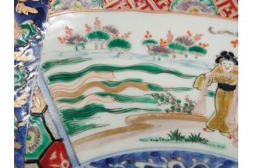 江戸期　古伊万里　染付　色絵　金彩　松竹梅　約46cm　1尺5寸　華やかで凝った意匠が目を引く大皿(人物、鳳凰、桐、和皿、和食器、一尺五寸)(R-083132)