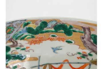 江戸期　古伊万里　染付　色絵　金彩　松竹梅　約46cm　1尺5寸　華やかで凝った意匠が目を引く大皿(人物、鳳凰、桐、和皿、和食器、一尺五寸)(R-083132)