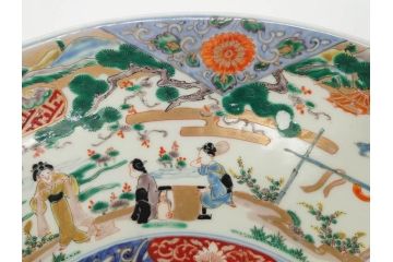 江戸期　古伊万里　染付　色絵　金彩　松竹梅　約46cm　1尺5寸　華やかで凝った意匠が目を引く大皿(人物、鳳凰、桐、和皿、和食器、一尺五寸)(R-083132)