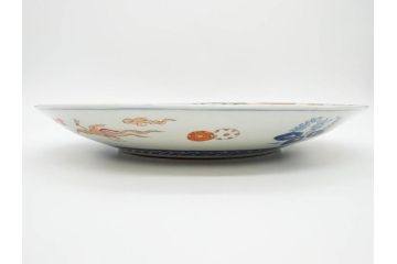江戸期　古伊万里　染付　色絵　金彩　松竹梅　約46cm　1尺5寸　華やかで凝った意匠が目を引く大皿(人物、鳳凰、桐、和皿、和食器、一尺五寸)(R-083132)