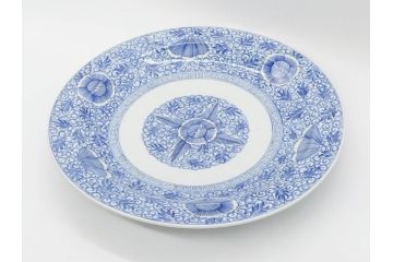 江戸期　古伊万里　染付　線描　花唐草　約41cm　1尺3寸　食卓を爽やかに彩る大皿(和皿、和食器、一尺三寸)(R-083133)