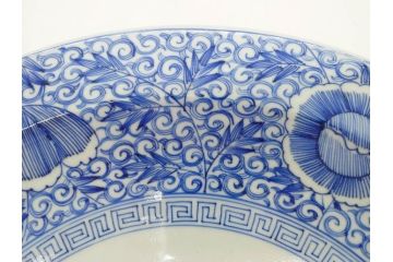 江戸期　古伊万里　染付　線描　花唐草　約41cm　1尺3寸　食卓を爽やかに彩る大皿(和皿、和食器、一尺三寸)(R-083133)