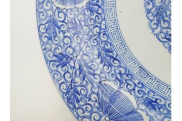 江戸期　古伊万里　染付　線描　花唐草　約41cm　1尺3寸　食卓を爽やかに彩る大皿(和皿、和食器、一尺三寸)(R-083133)