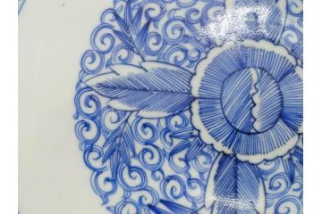 江戸期　古伊万里　染付　線描　花唐草　約41cm　1尺3寸　食卓を爽やかに彩る大皿(和皿、和食器、一尺三寸)(R-083133)