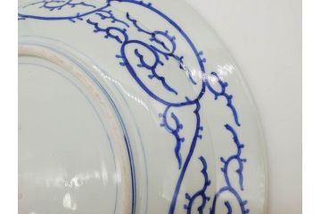 江戸期　古伊万里　染付　線描　花唐草　約41cm　1尺3寸　食卓を爽やかに彩る大皿(和皿、和食器、一尺三寸)(R-083133)