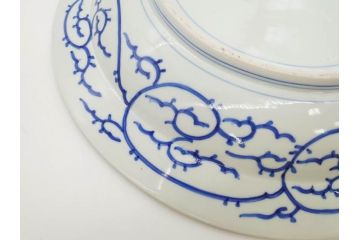 江戸期　古伊万里　染付　線描　花唐草　約41cm　1尺3寸　食卓を爽やかに彩る大皿(和皿、和食器、一尺三寸)(R-083133)