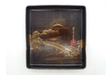 明治期　小川松民　晴川院法印　金銀蒔絵　波千鳥　豪華な蒔絵が素晴らしい!上品な雰囲気漂う硯箱(硯、水滴、水差し、漆器、漆芸、木製、書道具、共箱付き)(R-083136)