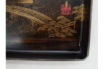 明治期　小川松民　晴川院法印　金銀蒔絵　波千鳥　豪華な蒔絵が素晴らしい!上品な雰囲気漂う硯箱(硯、水滴、水差し、漆器、漆芸、木製、書道具、共箱付き)(R-083136)